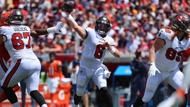 Sep 17, 2023; Tampa, Florida, USA; Tampa Bay Buccaneers quarterback Baker Mayfield (6) throws the ball against the Chicago Bears during the first quarter at Raymond James Stadium.